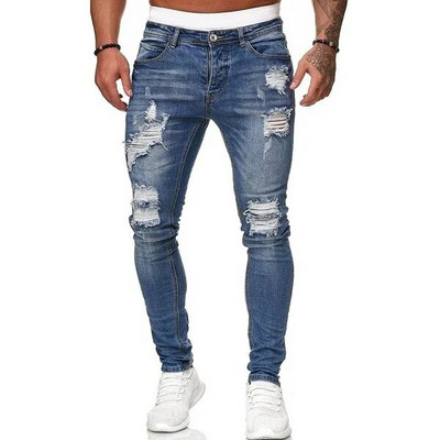 Blugi biker pentru bărbați, învechiți, elastici, rupti, biker, pentru bărbați, hip hop, slim fit, găuri, blugi punk, cu fermoar, pantaloni din denim de culoare pură