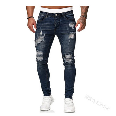 Blugi biker pentru bărbați, învechiți, elastici, rupti, biker, pentru bărbați, hip hop, slim fit, găuri, blugi punk, cu fermoar, pantaloni din denim de culoare pură
