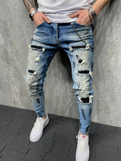 Blugi biker pentru bărbați, învechiți, elastici, rupti, biker, pentru bărbați, hip hop, slim fit, găuri, blugi punk, cu fermoar, pantaloni din denim de culoare pură