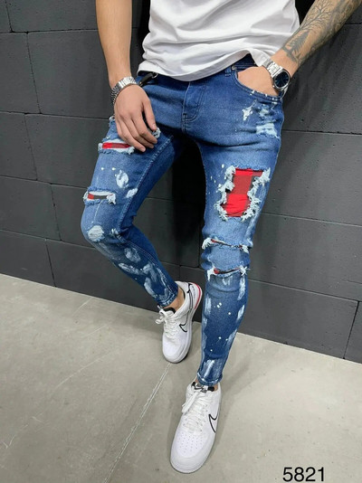 Blugi biker pentru bărbați, învechiți, elastici, rupti, biker, pentru bărbați, hip hop, slim fit, găuri, blugi punk, cu fermoar, pantaloni din denim de culoare pură