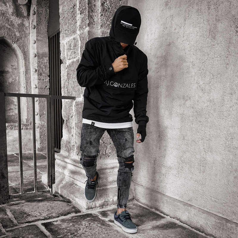 Blugi biker pentru bărbați, învechiți, elastici, rupti, biker, pentru bărbați, hip hop, slim fit, găuri, blugi punk, cu fermoar, pantaloni din denim de culoare pură