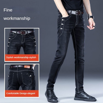Стилни черни луксозни мъжки корейски улични модни пънк модни удобни разтегливи дънки Slim Fit с прави крачоли Ежедневни дънкови панталони