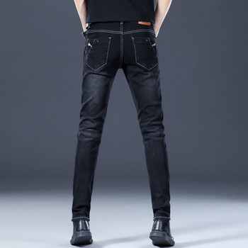 Стилни черни луксозни мъжки корейски улични модни пънк модни удобни разтегливи дънки Slim Fit с прави крачоли Ежедневни дънкови панталони