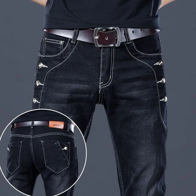 Eleganti, negri, de lux, îmbrăcăminte de stradă coreeană pentru bărbați, moda punk, blugi elastici confortabili, pantaloni de denim casual, slim, cu picioare drepte