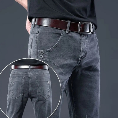 Eleganti, negri, de lux, îmbrăcăminte de stradă coreeană pentru bărbați, moda punk, blugi elastici confortabili, pantaloni de denim casual, slim, cu picioare drepte