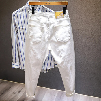 Νέο λευκό τζιν ανδρικό παντελόνι παντελόνι παντελόνι με σκισίματα μόδας, άνετο ανδρικό τζιν παντελόνι