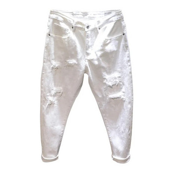 Нови бели дънки Мъжки универсални модни тесни еластични харем панталони с разкъсани дупки Удобни мъжки улични дънкови панталони