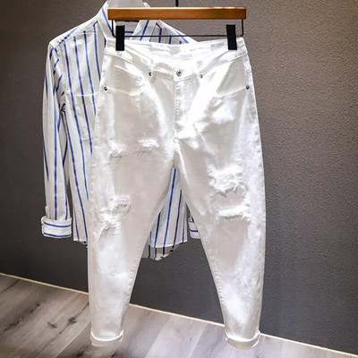 Noua blugi albi pentru bărbați, la modă, cu orificii rupte, pantaloni harem elastici, confortabili, pantaloni din denim