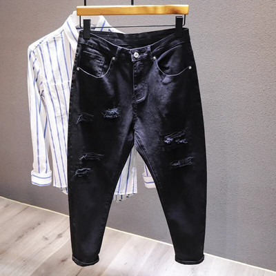 Noua blugi albi pentru bărbați, la modă, cu orificii rupte, pantaloni harem elastici, confortabili, pantaloni din denim