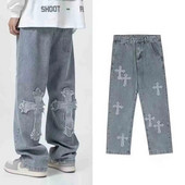 High Street Blugi cu plasture încrucișate Bărbați Hip-Hop Ruffian Blugi drepți largi Pantaloni largi cu picioare largi Pantaloni supradimensionați pentru bărbați Y2K