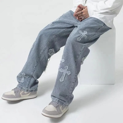High Street Blugi cu plasture încrucișate Bărbați Hip-Hop Ruffian Blugi drepți largi Pantaloni largi cu picioare largi Pantaloni supradimensionați pentru bărbați Y2K