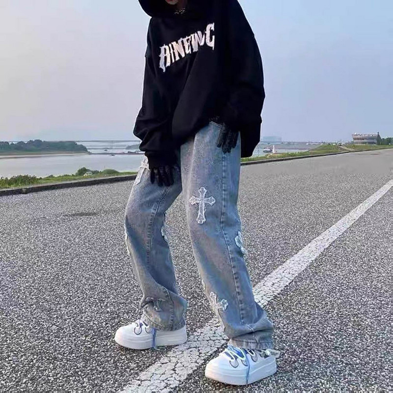 High Street Blugi cu plasture încrucișate Bărbați Hip-Hop Ruffian Blugi drepți largi Pantaloni largi cu picioare largi Pantaloni supradimensionați pentru bărbați Y2K