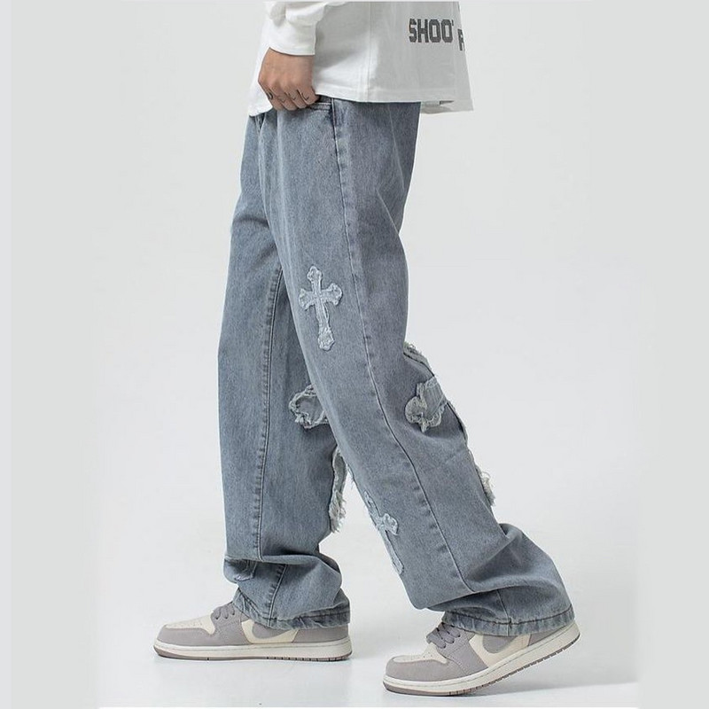 High Street Blugi cu plasture încrucișate Bărbați Hip-Hop Ruffian Blugi drepți largi Pantaloni largi cu picioare largi Pantaloni supradimensionați pentru bărbați Y2K