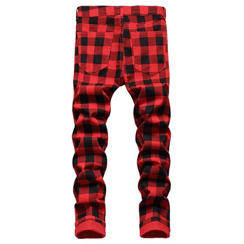 Мъжки панталони с щампи в червено каре Модни тънки еластични дънки Модерни прави панталони с голям размер