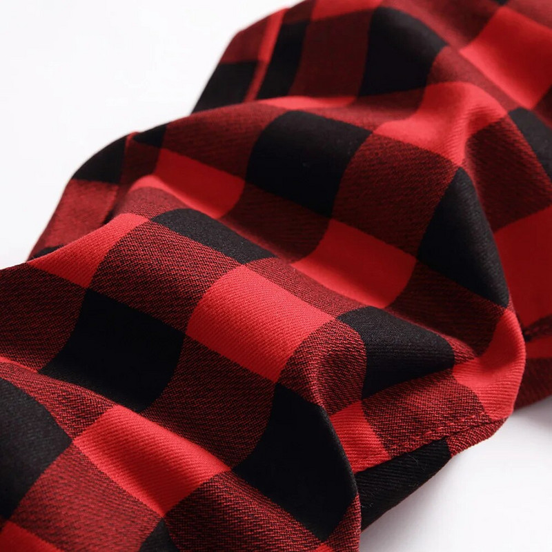 Pánske červené kockované potlačené nohavice, módne úzke strečové džínsy, trendy plus size rovné nohavice