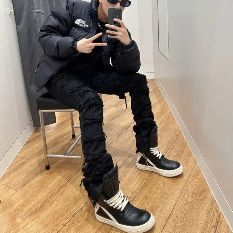 În stil american, eroziunea neagră deteriorată, blugi de stradă, pantaloni hip-hop pentru bărbați, pantaloni skinny vintage 2023, îmbrăcăminte de stradă