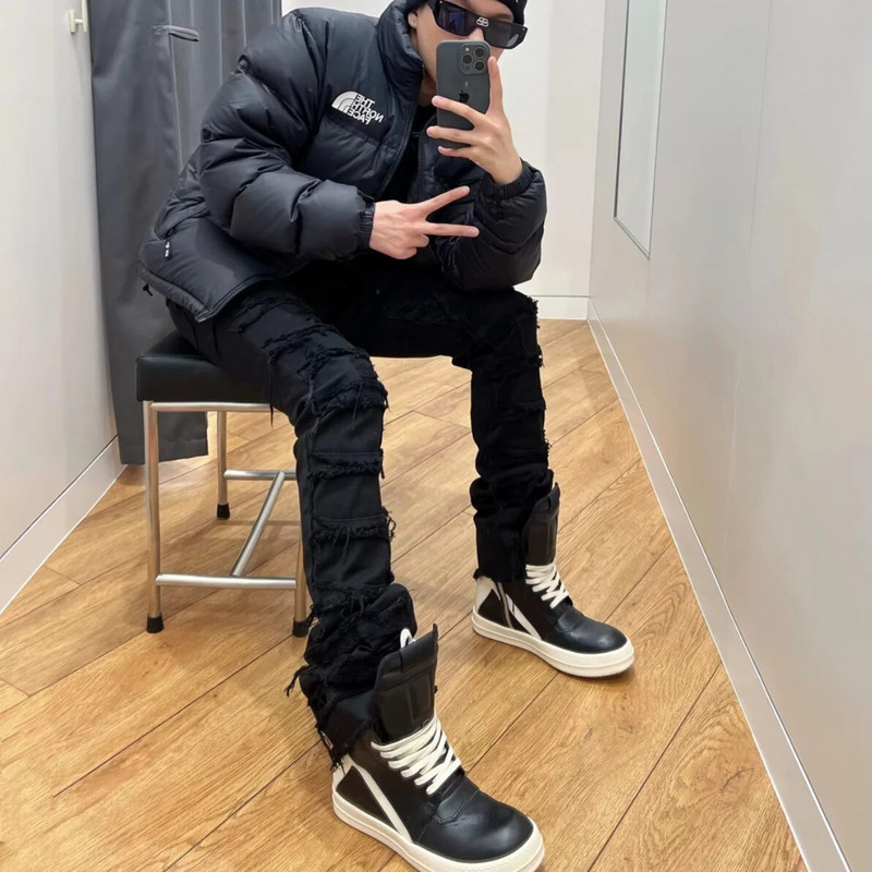 În stil american, eroziunea neagră deteriorată, blugi de stradă, pantaloni hip-hop pentru bărbați, pantaloni skinny vintage 2023, îmbrăcăminte de stradă