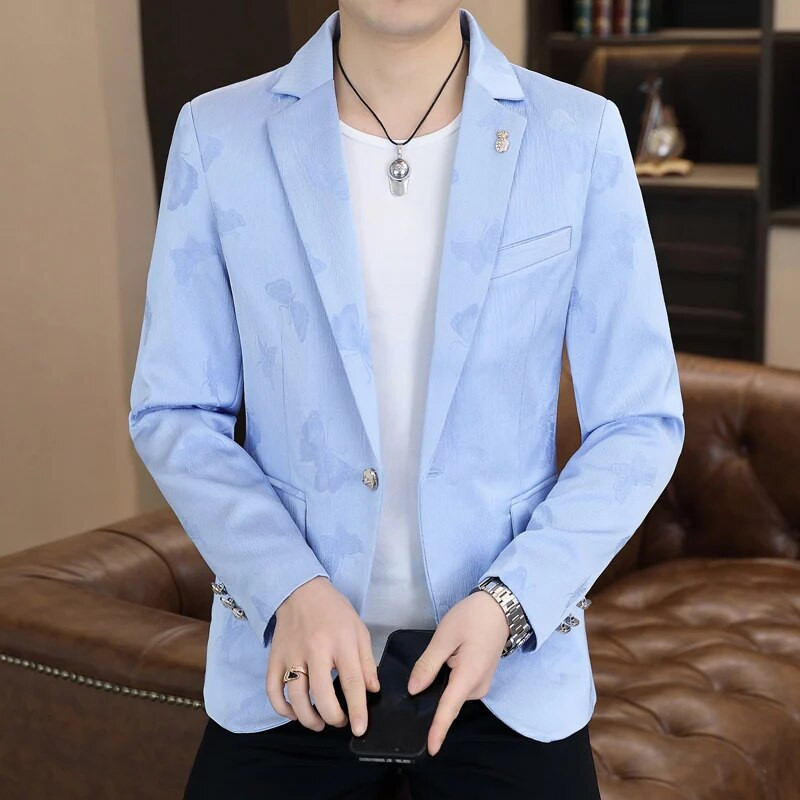 Sacouri pentru bărbați de primăvară 2024, la modă, cu imprimeu fluture, sacou pentru bărbați, slim fit, ocazional, îmbrăcăminte de stradă socială.