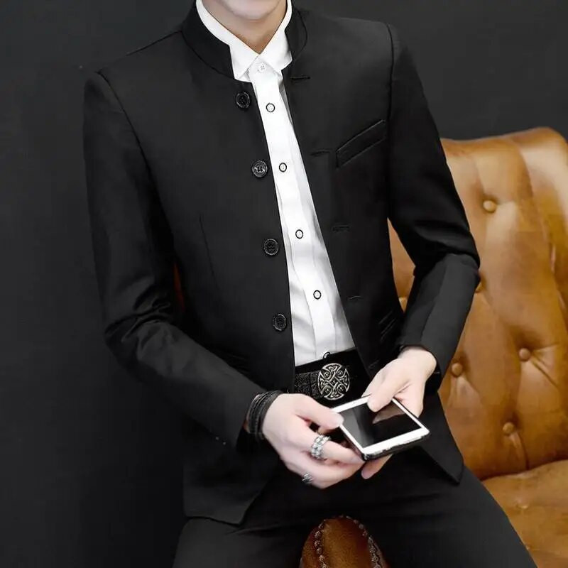 Kinietiško stiliaus stovo apykaklė ilgomis rankovėmis vyriška, plona, madinga švarkelis, viena krūtinė tunika švarkas, 4XL vyriški drabužiai