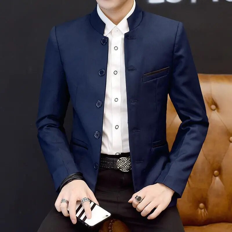 Kinietiško stiliaus stovo apykaklė ilgomis rankovėmis vyriška, plona, madinga švarkelis, viena krūtinė tunika švarkas, 4XL vyriški drabužiai