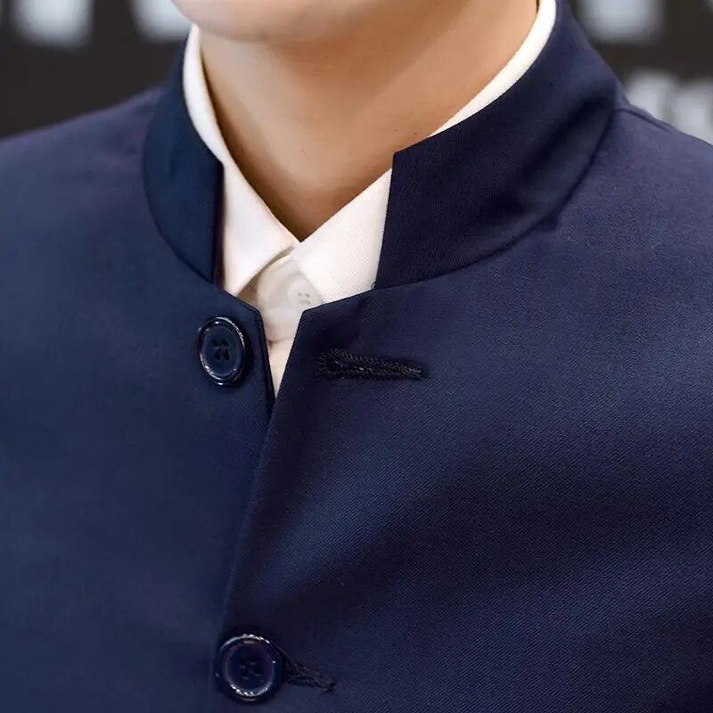 Kinietiško stiliaus stovo apykaklė ilgomis rankovėmis vyriška, plona, madinga švarkelis, viena krūtinė tunika švarkas, 4XL vyriški drabužiai