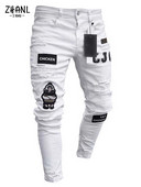 Pantaloni albi pentru bărbați, elastici, rupti, strânși, brodați, pentru bărbați, cu orificiu distrus, denim, de înaltă calitate, pantaloni hip hop pentru bărbați