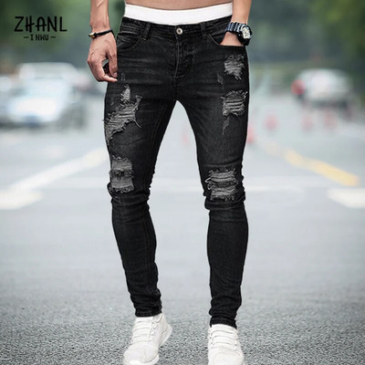 Pantaloni albi pentru bărbați, elastici, rupti, strânși, brodați, pentru bărbați, cu orificiu distrus, denim, de înaltă calitate, pantaloni hip hop pentru bărbați