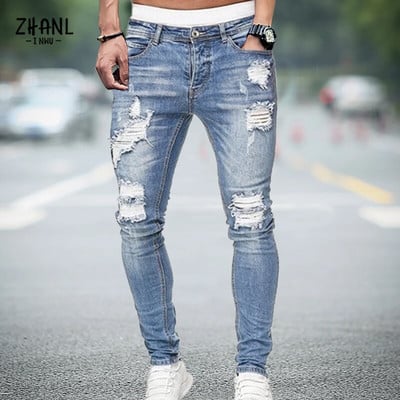 Pantaloni albi pentru bărbați, elastici, rupti, strânși, brodați, pentru bărbați, cu orificiu distrus, denim, de înaltă calitate, pantaloni hip hop pentru bărbați