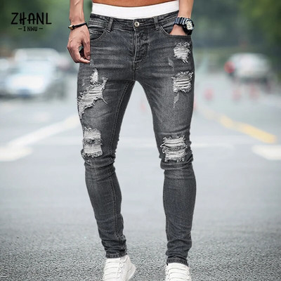 Pantaloni albi pentru bărbați, elastici, rupti, strânși, brodați, pentru bărbați, cu orificiu distrus, denim, de înaltă calitate, pantaloni hip hop pentru bărbați