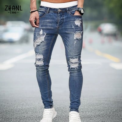 Pantaloni albi pentru bărbați, elastici, rupti, strânși, brodați, pentru bărbați, cu orificiu distrus, denim, de înaltă calitate, pantaloni hip hop pentru bărbați