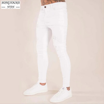 Pantaloni albi pentru bărbați, elastici, rupti, strânși, brodați, pentru bărbați, cu orificiu distrus, denim, de înaltă calitate, pantaloni hip hop pentru bărbați