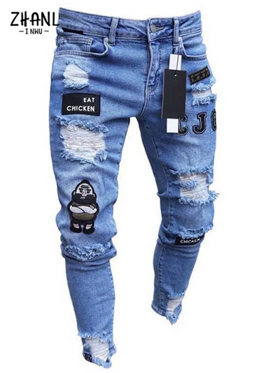 Pantaloni albi pentru bărbați, elastici, rupti, strânși, brodați, pentru bărbați, cu orificiu distrus, denim, de înaltă calitate, pantaloni hip hop pentru bărbați