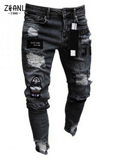 Pantaloni albi pentru bărbați, elastici, rupti, strânși, brodați, pentru bărbați, cu orificiu distrus, denim, de înaltă calitate, pantaloni hip hop pentru bărbați