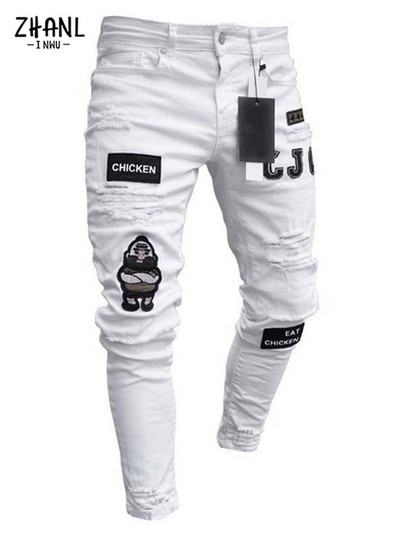 Pantaloni albi pentru bărbați, elastici, rupti, strânși, brodați, pentru bărbați, cu orificiu distrus, denim, de înaltă calitate, pantaloni hip hop pentru bărbați