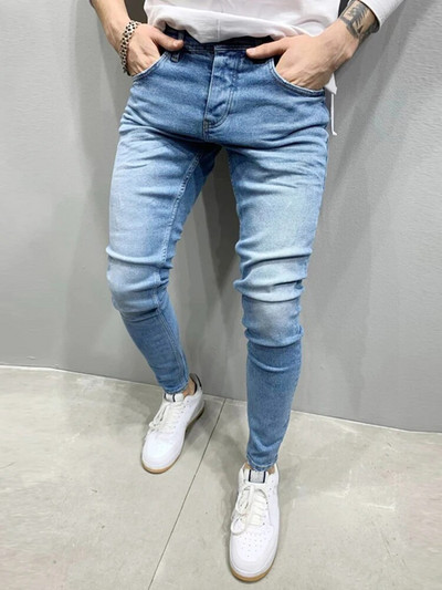 Pantaloni albi pentru bărbați, elastici, rupti, strânși, brodați, pentru bărbați, cu orificiu distrus, denim, de înaltă calitate, pantaloni hip hop pentru bărbați