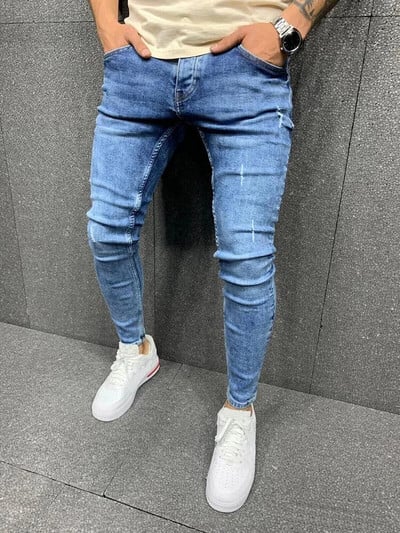 Pantaloni albi pentru bărbați, elastici, rupti, strânși, brodați, pentru bărbați, cu orificiu distrus, denim, de înaltă calitate, pantaloni hip hop pentru bărbați