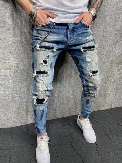 Pantaloni albi pentru bărbați, elastici, rupti, strânși, brodați, pentru bărbați, cu orificiu distrus, denim, de înaltă calitate, pantaloni hip hop pentru bărbați