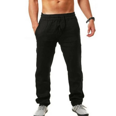 Pantaloni lungi pentru bărbați, din bumbac, de in, de vară, de culoare uni, pantaloni de in, respirabili, pentru bărbați, casual, cu talie elastică, pantaloni largi, pantaloni Harajuku