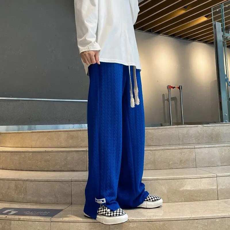 Pantaloni de sport High Street pentru bărbați, la modă, largi, ocazional, cu fante laterale, cu picioare drepte, vintage, albastru, jacquard, ocazional, haine pentru bărbați