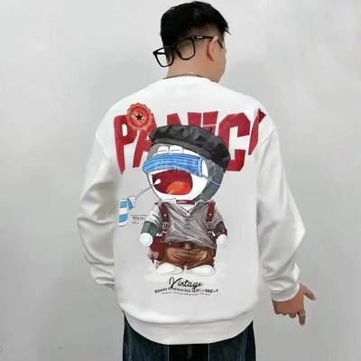 Hanorac pentru bărbați de primăvară, toamnă, imprimeu, top cu mânecă lungă, moda coreeană, îmbrăcăminte de stradă, harajuku, desene animate, negru