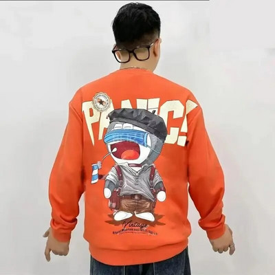 Hanorac pentru bărbați de primăvară, toamnă, imprimeu, top cu mânecă lungă, moda coreeană, îmbrăcăminte de stradă, harajuku, desene animate, negru