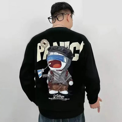 Hanorac pentru bărbați de primăvară, toamnă, imprimeu, top cu mânecă lungă, moda coreeană, îmbrăcăminte de stradă, harajuku, desene animate, negru