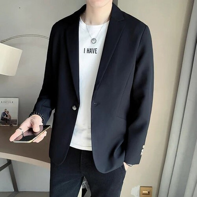 Blazere negre solide pentru bărbați, toamnă, cu un singur piept, coreeană, chic, ocazional, îmbrăcăminte pentru bărbați, bluze simple, jachete de costum, haină de nuntă