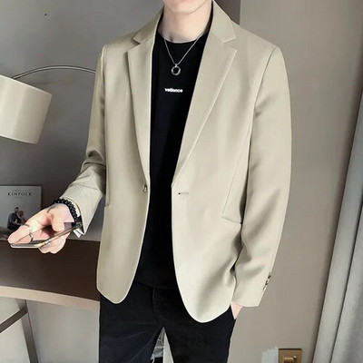 Blazere negre solide pentru bărbați, toamnă, cu un singur piept, coreeană, chic, ocazional, îmbrăcăminte pentru bărbați, bluze simple, jachete de costum, haină de nuntă