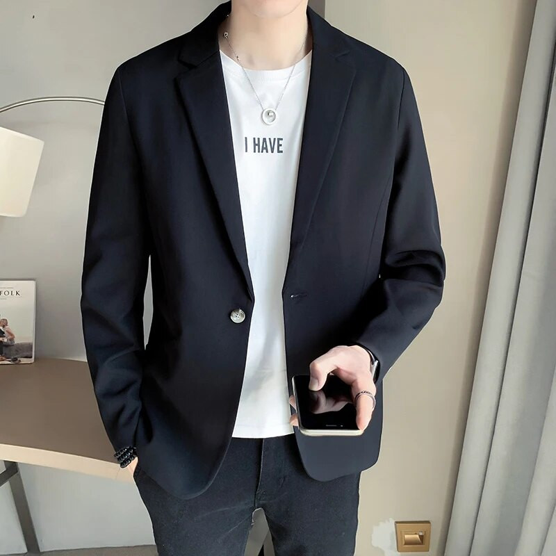 Blazere negre solide pentru bărbați, toamnă, cu un singur piept, coreeană, chic, ocazional, îmbrăcăminte pentru bărbați, bluze simple, jachete de costum, haină de nuntă