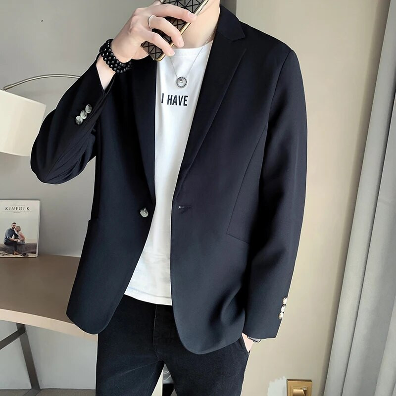 Blazere negre solide pentru bărbați, toamnă, cu un singur piept, coreeană, chic, ocazional, îmbrăcăminte pentru bărbați, bluze simple, jachete de costum, haină de nuntă
