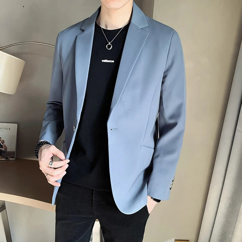 Blazere negre solide pentru bărbați, toamnă, cu un singur piept, coreeană, chic, ocazional, îmbrăcăminte pentru bărbați, bluze simple, jachete de costum, haină de nuntă