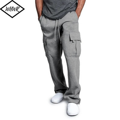 Pantaloni de sport din lână toamnă iarnă pentru bărbați, ocazional, cu mai multe buzunare, salopete largi, cu picioare drepte, pentru bărbați, de culoare solidă, pantaloni ocazionali groși