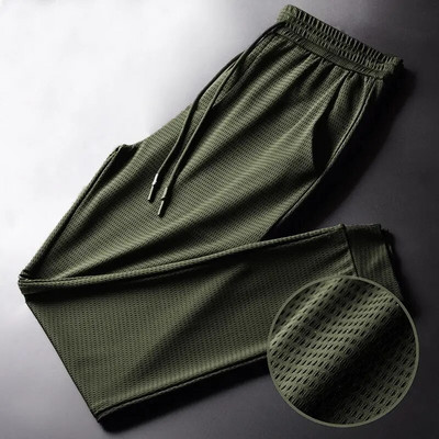 Pantaloni de vară bărbați din mătase de gheață, plasă, respirabili, ocazional, subțiri, cu uscare rapidă, pantaloni largi, elastici, picioare, pantaloni sport, fitness