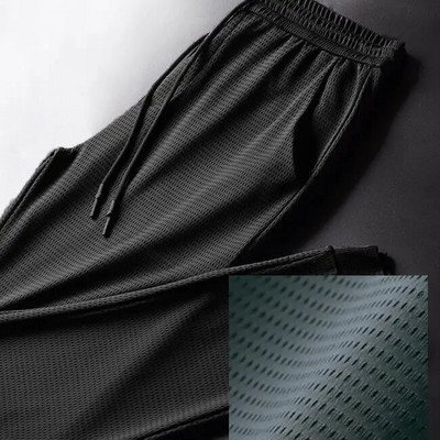 Pantaloni de vară bărbați din mătase de gheață, plasă, respirabili, ocazional, subțiri, cu uscare rapidă, pantaloni largi, elastici, picioare, pantaloni sport, fitness